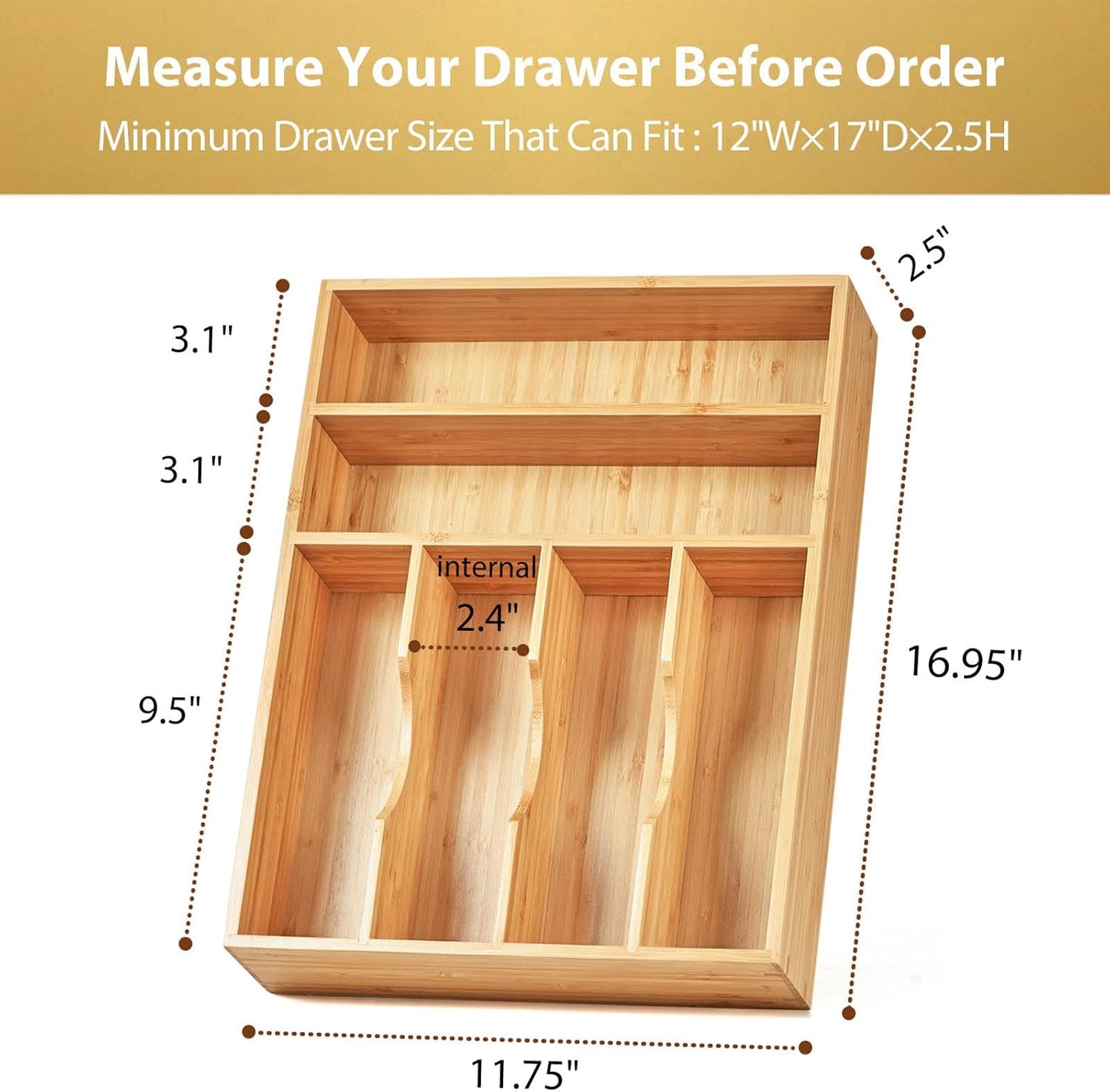 Bamboo Kitchen Drawer Organizer, 13 Inch Silverware Utensil Tray Holder, Extra Deep Grooved Drawer Divider, 7 Slots Total Bamboo Wood Caddy for Flatware Cutlery Knives, Forks, Spoons