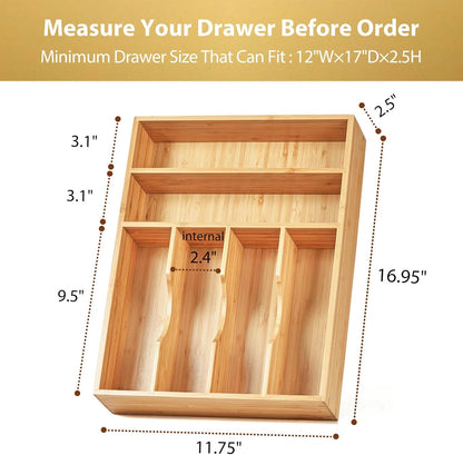 Bamboo Kitchen Drawer Organizer, 13 Inch Silverware Utensil Tray Holder, Extra Deep Grooved Drawer Divider, 7 Slots Total Bamboo Wood Caddy for Flatware Cutlery Knives, Forks, Spoons