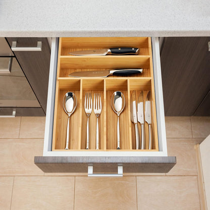 Bamboo Kitchen Drawer Organizer, 13 Inch Silverware Utensil Tray Holder, Extra Deep Grooved Drawer Divider, 7 Slots Total Bamboo Wood Caddy for Flatware Cutlery Knives, Forks, Spoons