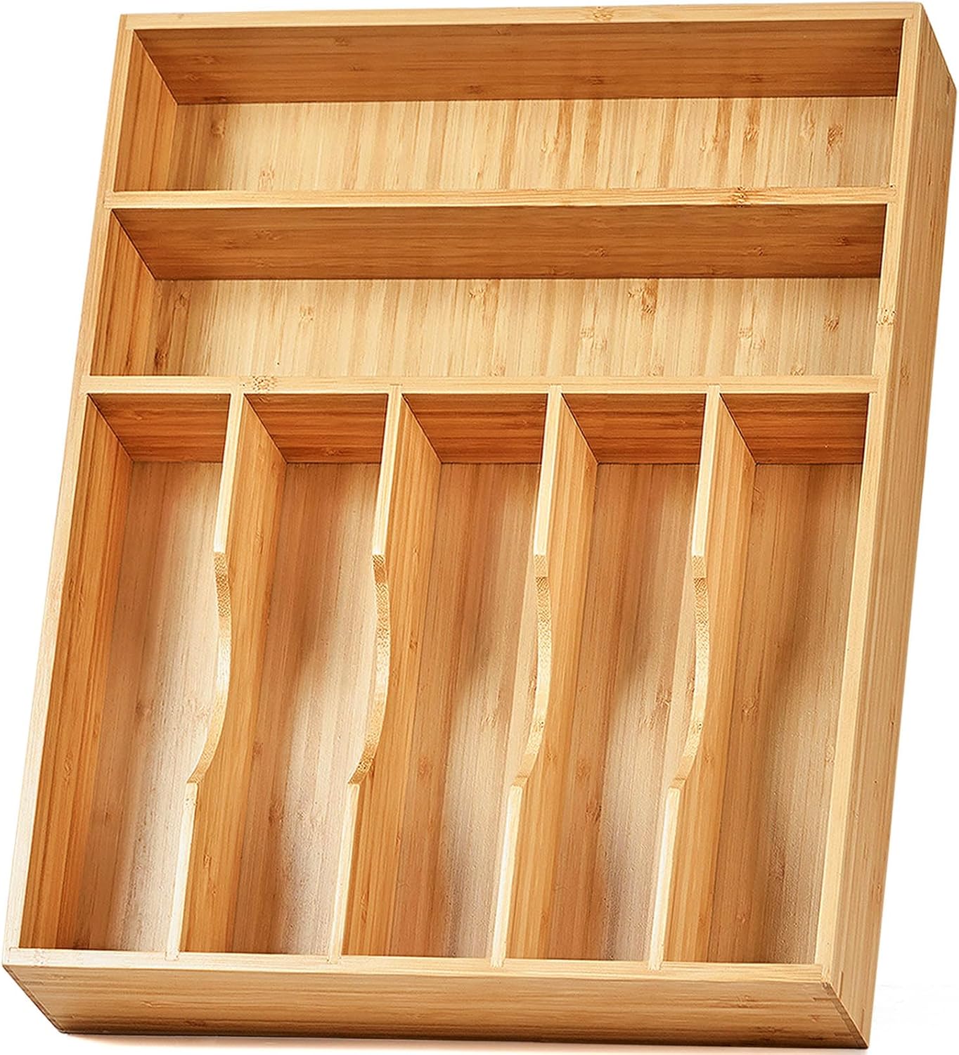 Bamboo Kitchen Drawer Organizer, 13 Inch Silverware Utensil Tray Holder, Extra Deep Grooved Drawer Divider, 7 Slots Total Bamboo Wood Caddy for Flatware Cutlery Knives, Forks, Spoons