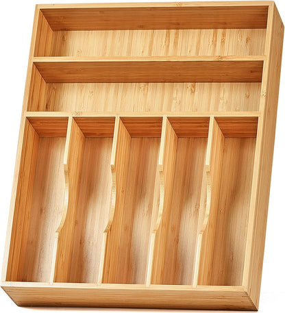 Bamboo Kitchen Drawer Organizer, 13 Inch Silverware Utensil Tray Holder, Extra Deep Grooved Drawer Divider, 7 Slots Total Bamboo Wood Caddy for Flatware Cutlery Knives, Forks, Spoons