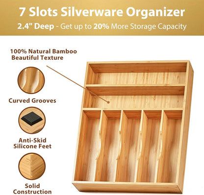 Bamboo Kitchen Drawer Organizer, 13 Inch Silverware Utensil Tray Holder, Extra Deep Grooved Drawer Divider, 7 Slots Total Bamboo Wood Caddy for Flatware Cutlery Knives, Forks, Spoons
