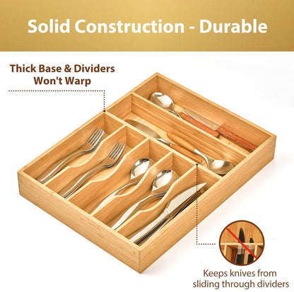 Bamboo Kitchen Drawer Organizer, 13 Inch Silverware Utensil Tray Holder, Extra Deep Grooved Drawer Divider, 7 Slots Total Bamboo Wood Caddy for Flatware Cutlery Knives, Forks, Spoons
