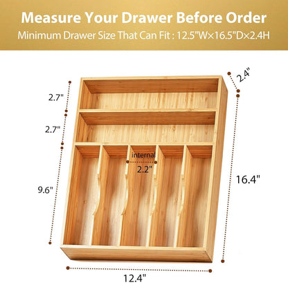 Bamboo Kitchen Drawer Organizer, 13 Inch Silverware Utensil Tray Holder, Extra Deep Grooved Drawer Divider, 7 Slots Total Bamboo Wood Caddy for Flatware Cutlery Knives, Forks, Spoons