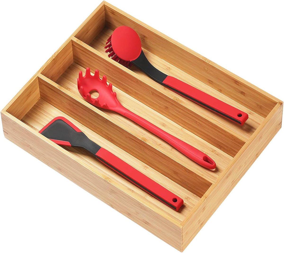 Bamboo Kitchen Drawer Organizer, 13 Inch Silverware Utensil Tray Holder, Extra Deep Grooved Drawer Divider, 7 Slots Total Bamboo Wood Caddy for Flatware Cutlery Knives, Forks, Spoons