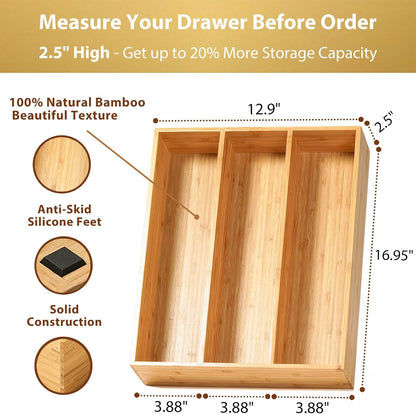 Bamboo Kitchen Drawer Organizer, 13 Inch Silverware Utensil Tray Holder, Extra Deep Grooved Drawer Divider, 7 Slots Total Bamboo Wood Caddy for Flatware Cutlery Knives, Forks, Spoons