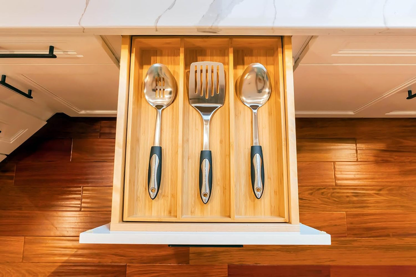 Bamboo Kitchen Drawer Organizer, 13 Inch Silverware Utensil Tray Holder, Extra Deep Grooved Drawer Divider, 7 Slots Total Bamboo Wood Caddy for Flatware Cutlery Knives, Forks, Spoons
