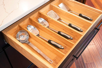 Bamboo Kitchen Drawer Organizer, 13 Inch Silverware Utensil Tray Holder, Extra Deep Grooved Drawer Divider, 7 Slots Total Bamboo Wood Caddy for Flatware Cutlery Knives, Forks, Spoons