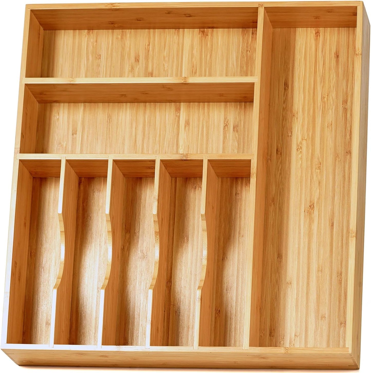 Bamboo Kitchen Drawer Organizer, 13 Inch Silverware Utensil Tray Holder, Extra Deep Grooved Drawer Divider, 7 Slots Total Bamboo Wood Caddy for Flatware Cutlery Knives, Forks, Spoons