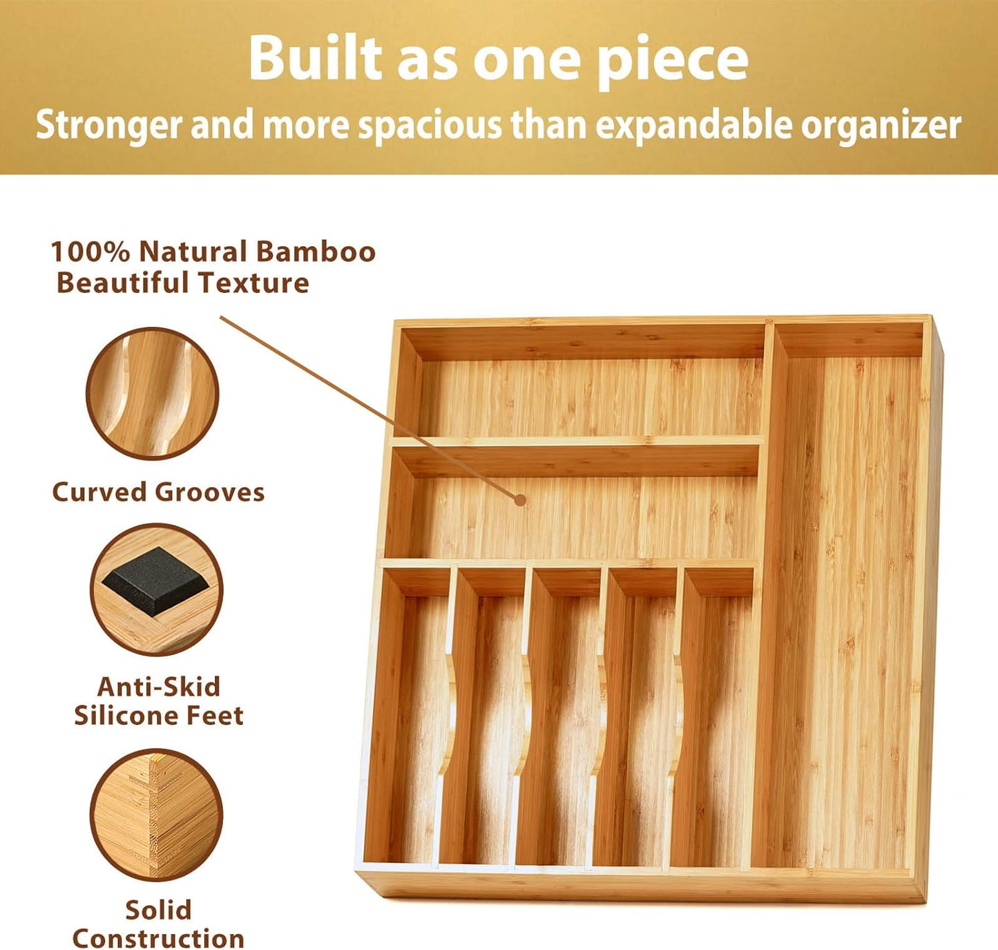 Bamboo Kitchen Drawer Organizer, 13 Inch Silverware Utensil Tray Holder, Extra Deep Grooved Drawer Divider, 7 Slots Total Bamboo Wood Caddy for Flatware Cutlery Knives, Forks, Spoons