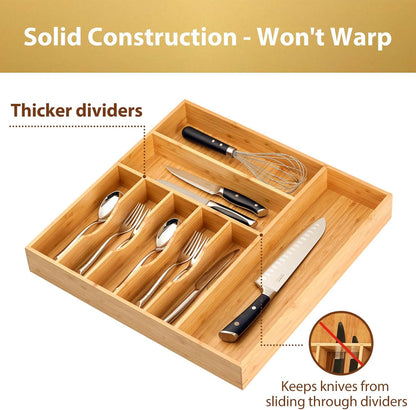 Bamboo Kitchen Drawer Organizer, 13 Inch Silverware Utensil Tray Holder, Extra Deep Grooved Drawer Divider, 7 Slots Total Bamboo Wood Caddy for Flatware Cutlery Knives, Forks, Spoons