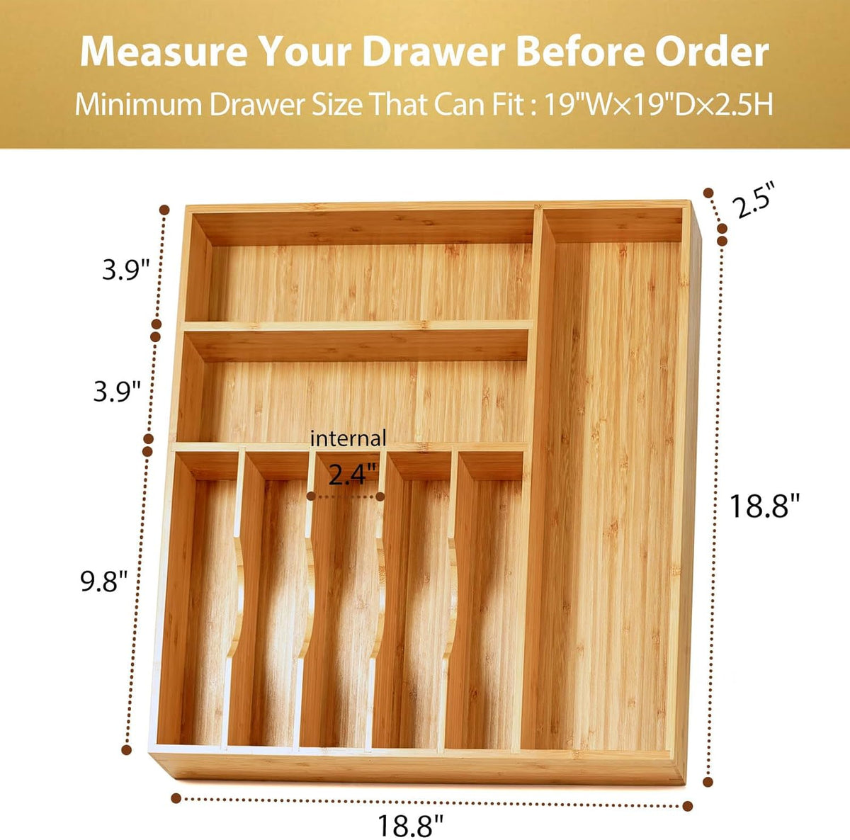 Bamboo Kitchen Drawer Organizer, 13 Inch Silverware Utensil Tray Holder, Extra Deep Grooved Drawer Divider, 7 Slots Total Bamboo Wood Caddy for Flatware Cutlery Knives, Forks, Spoons