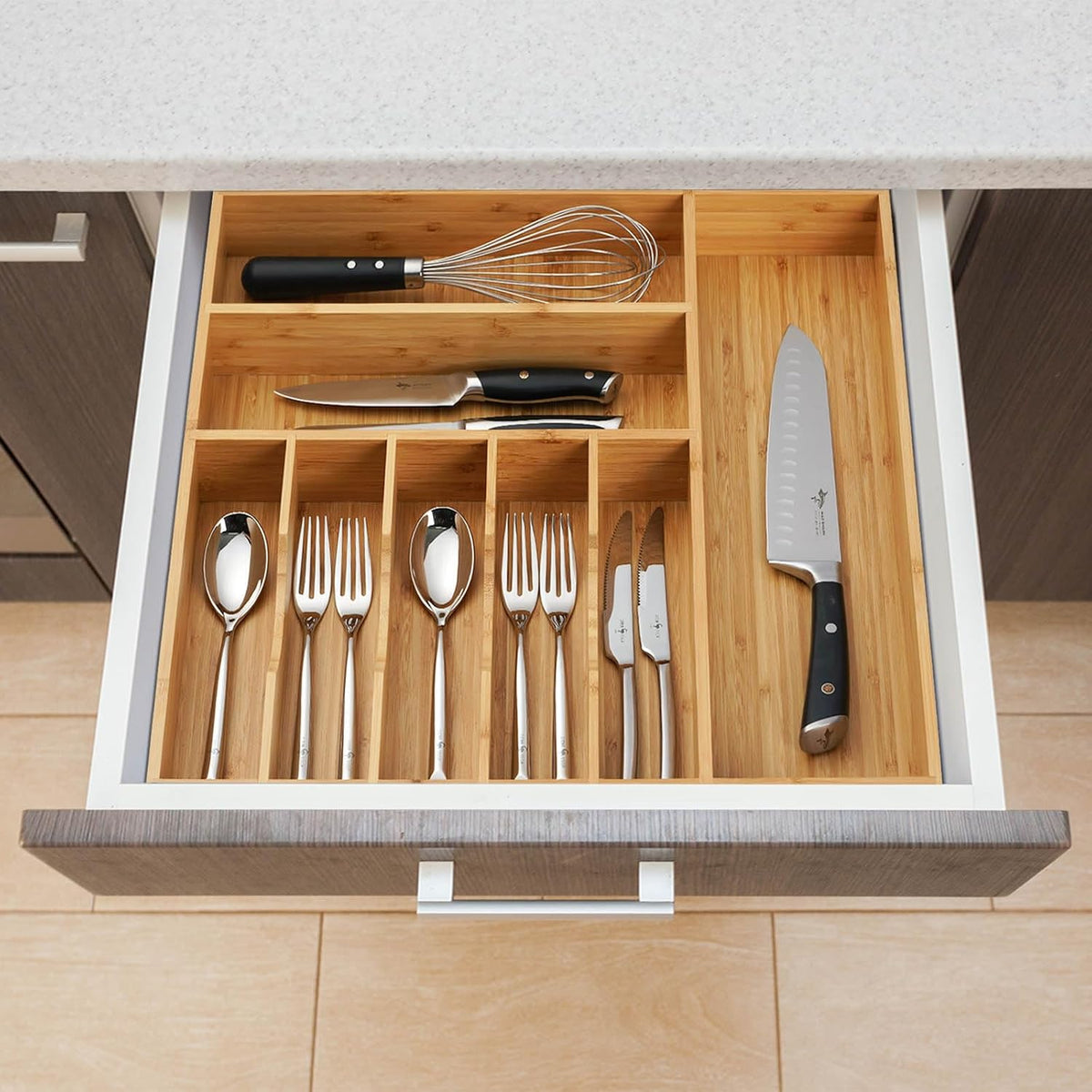 Bamboo Kitchen Drawer Organizer, 13 Inch Silverware Utensil Tray Holder, Extra Deep Grooved Drawer Divider, 7 Slots Total Bamboo Wood Caddy for Flatware Cutlery Knives, Forks, Spoons