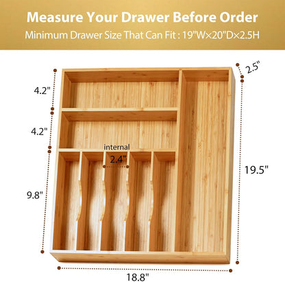 Bamboo Kitchen Drawer Organizer, 13 Inch Silverware Utensil Tray Holder, Extra Deep Grooved Drawer Divider, 7 Slots Total Bamboo Wood Caddy for Flatware Cutlery Knives, Forks, Spoons