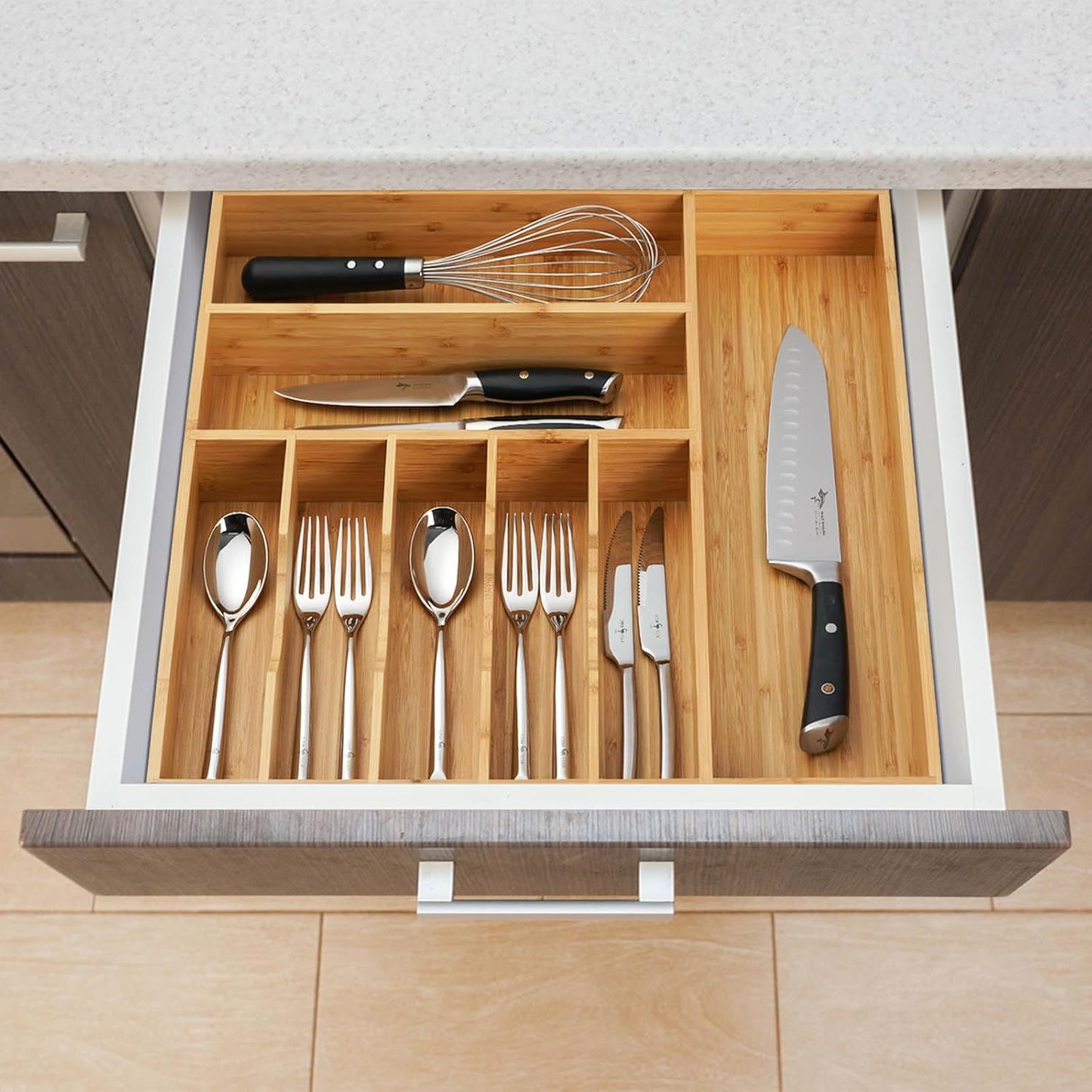 Bamboo Kitchen Drawer Organizer, 13 Inch Silverware Utensil Tray Holder, Extra Deep Grooved Drawer Divider, 7 Slots Total Bamboo Wood Caddy for Flatware Cutlery Knives, Forks, Spoons