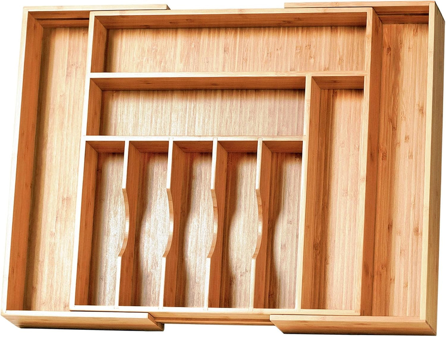Bamboo Kitchen Drawer Organizer, 13 Inch Silverware Utensil Tray Holder, Extra Deep Grooved Drawer Divider, 7 Slots Total Bamboo Wood Caddy for Flatware Cutlery Knives, Forks, Spoons