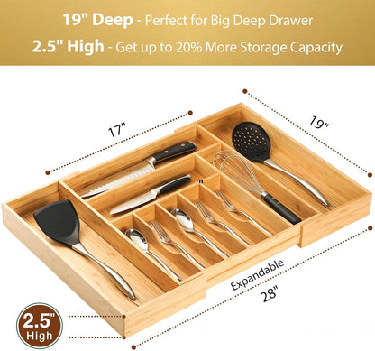 Bamboo Kitchen Drawer Organizer, 13 Inch Silverware Utensil Tray Holder, Extra Deep Grooved Drawer Divider, 7 Slots Total Bamboo Wood Caddy for Flatware Cutlery Knives, Forks, Spoons