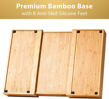 Bamboo Kitchen Drawer Organizer, 13 Inch Silverware Utensil Tray Holder, Extra Deep Grooved Drawer Divider, 7 Slots Total Bamboo Wood Caddy for Flatware Cutlery Knives, Forks, Spoons