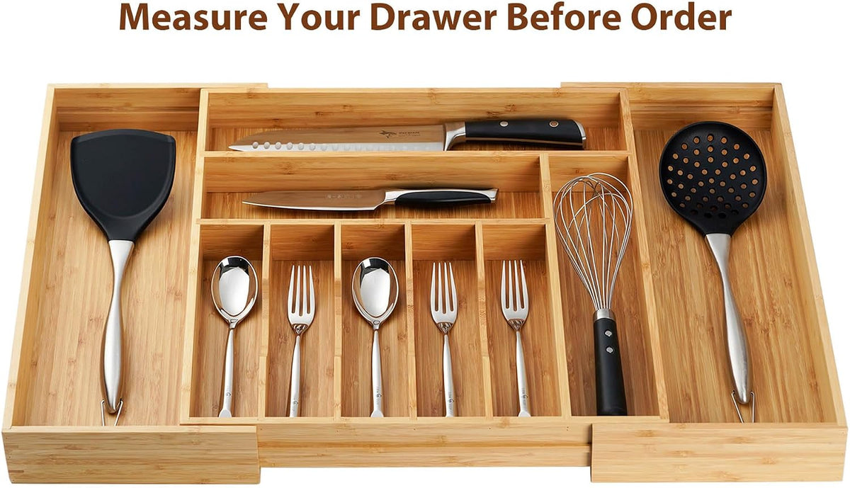 Bamboo Kitchen Drawer Organizer, 13 Inch Silverware Utensil Tray Holder, Extra Deep Grooved Drawer Divider, 7 Slots Total Bamboo Wood Caddy for Flatware Cutlery Knives, Forks, Spoons