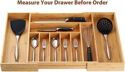 Bamboo Kitchen Drawer Organizer, 13 Inch Silverware Utensil Tray Holder, Extra Deep Grooved Drawer Divider, 7 Slots Total Bamboo Wood Caddy for Flatware Cutlery Knives, Forks, Spoons