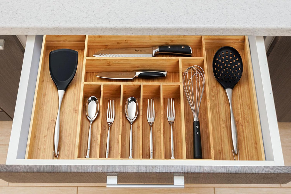 Bamboo Kitchen Drawer Organizer, 13 Inch Silverware Utensil Tray Holder, Extra Deep Grooved Drawer Divider, 7 Slots Total Bamboo Wood Caddy for Flatware Cutlery Knives, Forks, Spoons