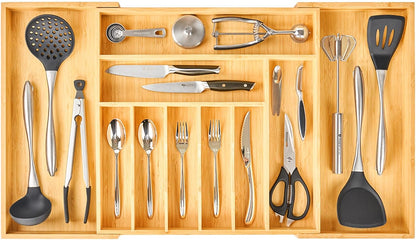Bamboo Kitchen Drawer Organizer, 13 Inch Silverware Utensil Tray Holder, Extra Deep Grooved Drawer Divider, 7 Slots Total Bamboo Wood Caddy for Flatware Cutlery Knives, Forks, Spoons