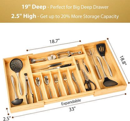 Bamboo Kitchen Drawer Organizer, 13 Inch Silverware Utensil Tray Holder, Extra Deep Grooved Drawer Divider, 7 Slots Total Bamboo Wood Caddy for Flatware Cutlery Knives, Forks, Spoons