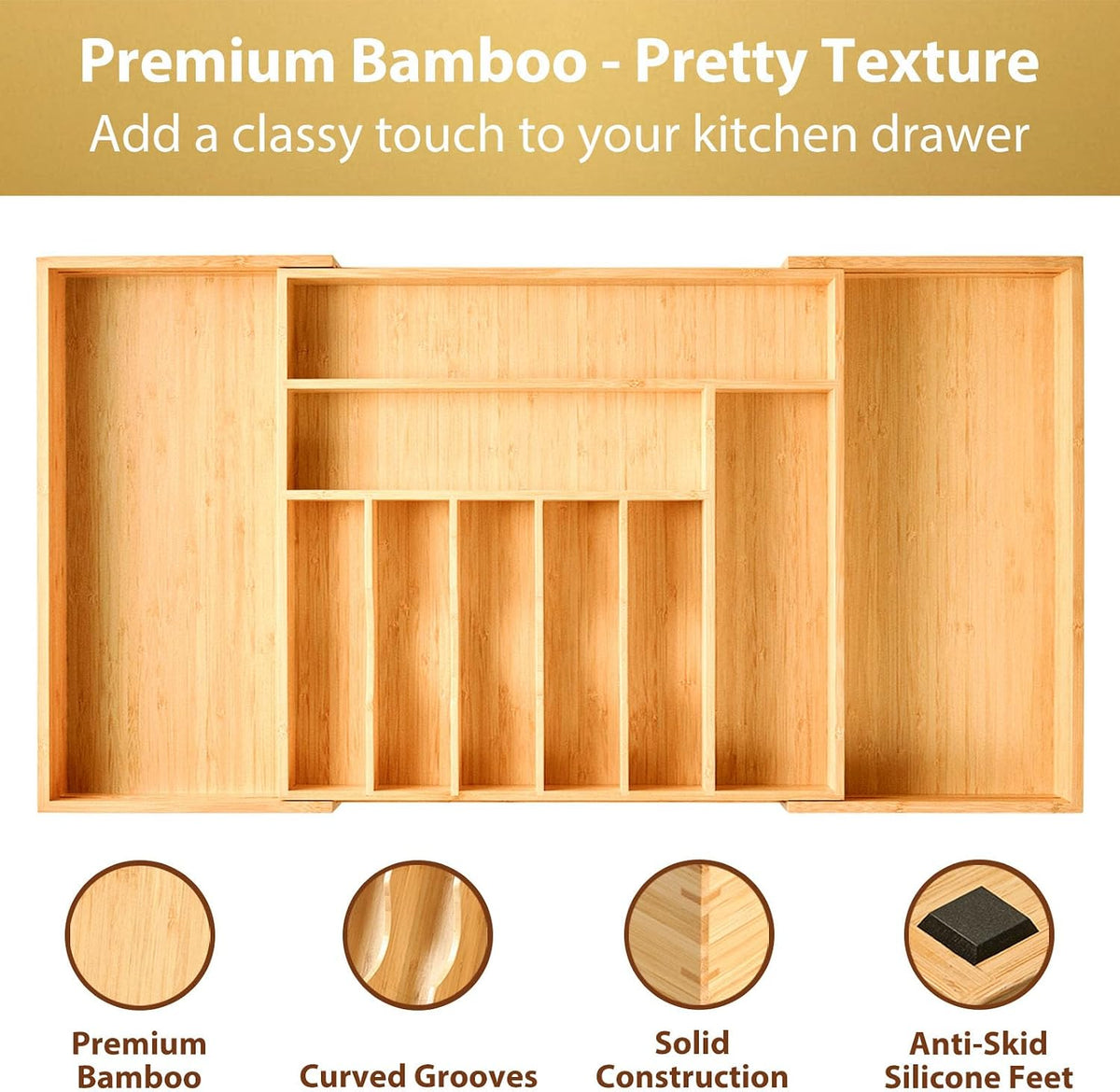 Bamboo Kitchen Drawer Organizer, 13 Inch Silverware Utensil Tray Holder, Extra Deep Grooved Drawer Divider, 7 Slots Total Bamboo Wood Caddy for Flatware Cutlery Knives, Forks, Spoons