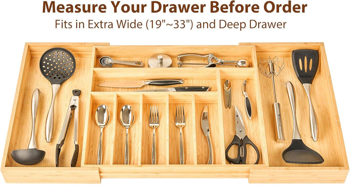 Bamboo Kitchen Drawer Organizer, 13 Inch Silverware Utensil Tray Holder, Extra Deep Grooved Drawer Divider, 7 Slots Total Bamboo Wood Caddy for Flatware Cutlery Knives, Forks, Spoons