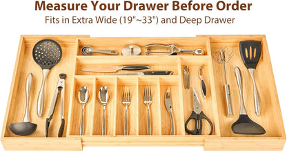 Bamboo Kitchen Drawer Organizer, 13 Inch Silverware Utensil Tray Holder, Extra Deep Grooved Drawer Divider, 7 Slots Total Bamboo Wood Caddy for Flatware Cutlery Knives, Forks, Spoons