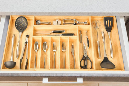 Bamboo Kitchen Drawer Organizer, 13 Inch Silverware Utensil Tray Holder, Extra Deep Grooved Drawer Divider, 7 Slots Total Bamboo Wood Caddy for Flatware Cutlery Knives, Forks, Spoons