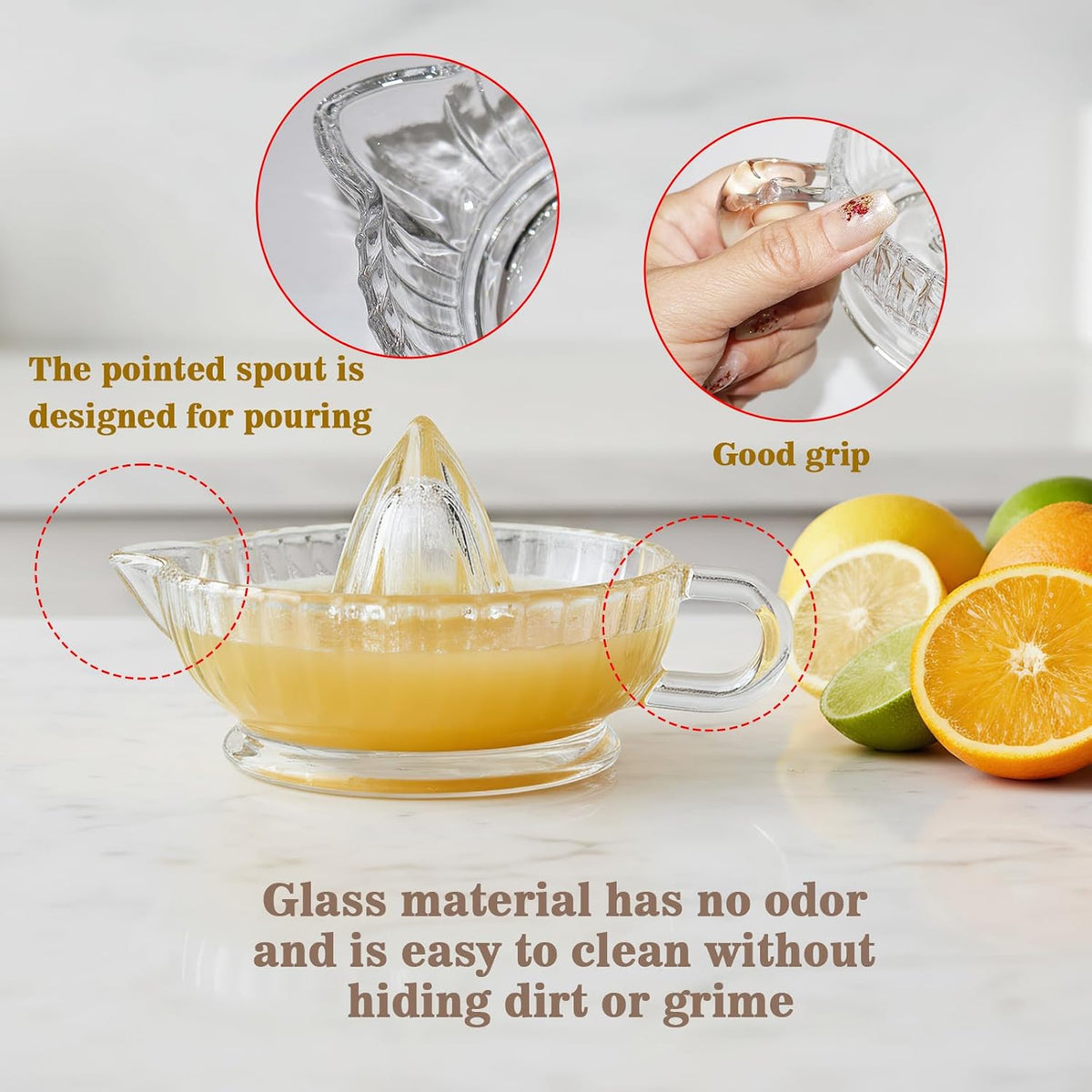 Glass Citrus Juicer Reamer with Handle & Pour Spout, Manual Lemon Squeezer
