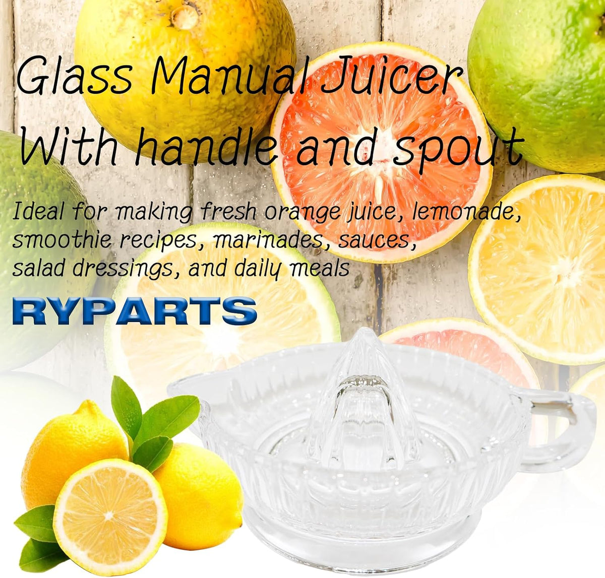Glass Citrus Juicer Reamer with Handle & Pour Spout, Manual Lemon Squeezer