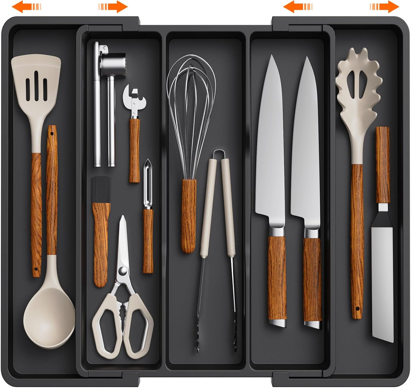 Utensil Organizer for Kitchen Drawers, Expandable Cooking Utensil Tray, Adjustable Cutlery Silverware Flatware Holder, Plastic Spatula Tools Storage Divider, 13-22 x 15", Black