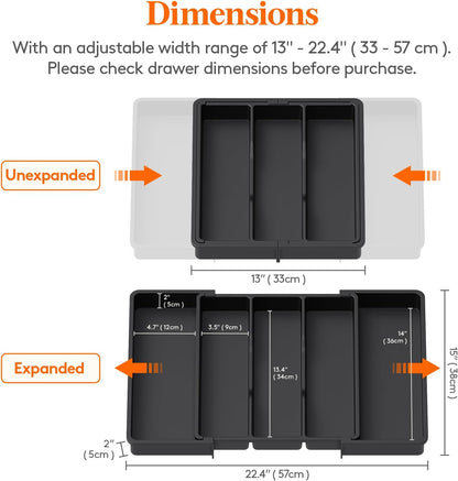 Utensil Organizer for Kitchen Drawers, Expandable Cooking Utensil Tray, Adjustable Cutlery Silverware Flatware Holder, Plastic Spatula Tools Storage Divider, 13-22 x 15", Black