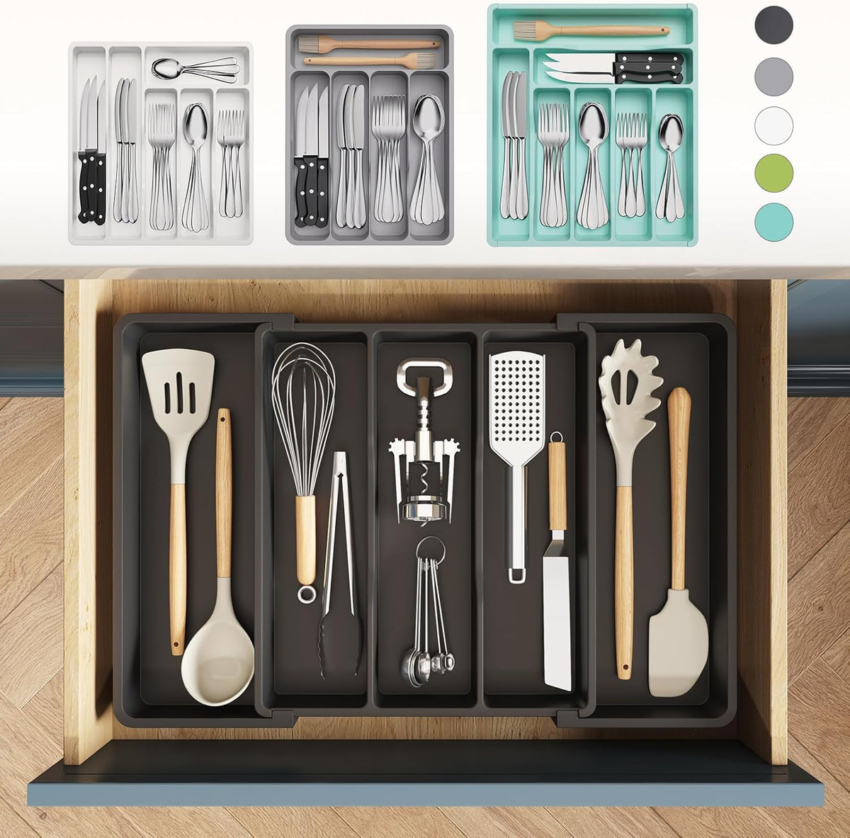 Utensil Organizer for Kitchen Drawers, Expandable Cooking Utensil Tray, Adjustable Cutlery Silverware Flatware Holder, Plastic Spatula Tools Storage Divider, 13-22 x 15", Black