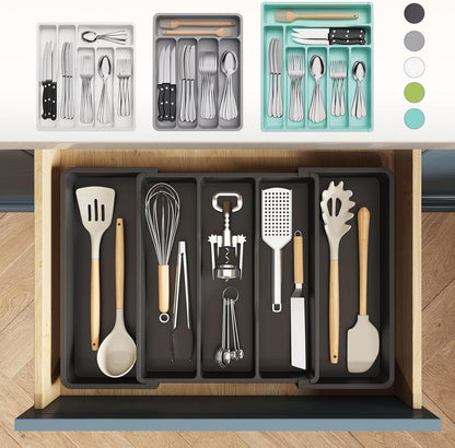 Utensil Organizer for Kitchen Drawers, Expandable Cooking Utensil Tray, Adjustable Cutlery Silverware Flatware Holder, Plastic Spatula Tools Storage Divider, 13-22 x 15", Black