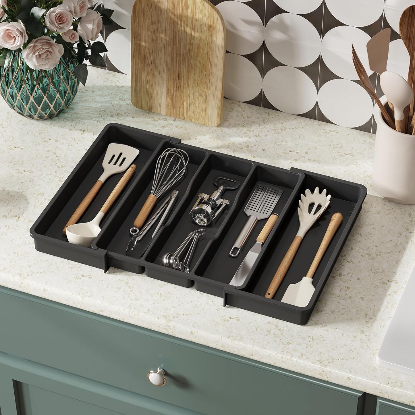 Utensil Organizer for Kitchen Drawers, Expandable Cooking Utensil Tray, Adjustable Cutlery Silverware Flatware Holder, Plastic Spatula Tools Storage Divider, 13-22 x 15", Black