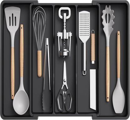 Utensil Organizer for Kitchen Drawers, Expandable Cooking Utensil Tray, Adjustable Cutlery Silverware Flatware Holder, Plastic Spatula Tools Storage Divider, 13-22 x 15", Black