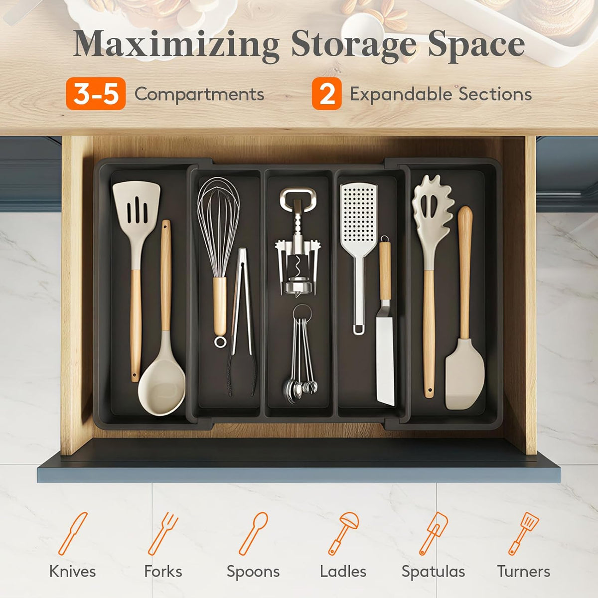 Utensil Organizer for Kitchen Drawers, Expandable Cooking Utensil Tray, Adjustable Cutlery Silverware Flatware Holder, Plastic Spatula Tools Storage Divider, 13-22 x 15", Black