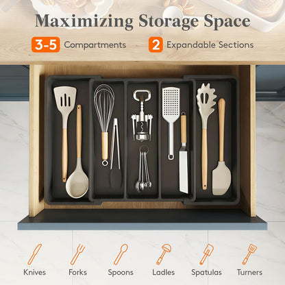 Utensil Organizer for Kitchen Drawers, Expandable Cooking Utensil Tray, Adjustable Cutlery Silverware Flatware Holder, Plastic Spatula Tools Storage Divider, 13-22 x 15", Black