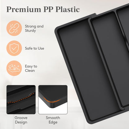 Utensil Organizer for Kitchen Drawers, Expandable Cooking Utensil Tray, Adjustable Cutlery Silverware Flatware Holder, Plastic Spatula Tools Storage Divider, 13-22 x 15", Black