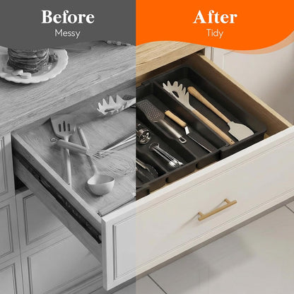 Utensil Organizer for Kitchen Drawers, Expandable Cooking Utensil Tray, Adjustable Cutlery Silverware Flatware Holder, Plastic Spatula Tools Storage Divider, 13-22 x 15", Black