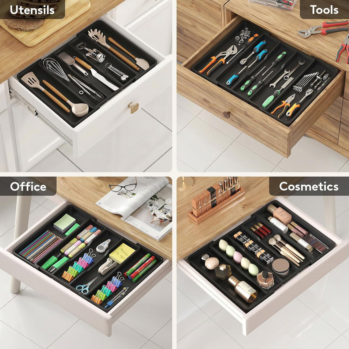 Utensil Organizer for Kitchen Drawers, Expandable Cooking Utensil Tray, Adjustable Cutlery Silverware Flatware Holder, Plastic Spatula Tools Storage Divider, 13-22 x 15", Black