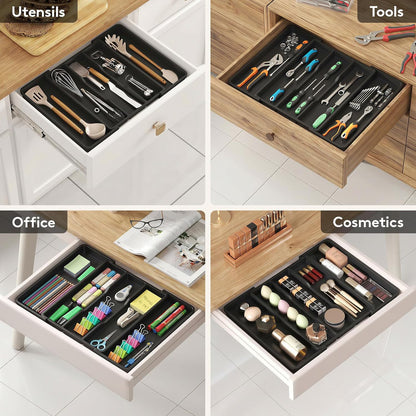 Utensil Organizer for Kitchen Drawers, Expandable Cooking Utensil Tray, Adjustable Cutlery Silverware Flatware Holder, Plastic Spatula Tools Storage Divider, 13-22 x 15", Black
