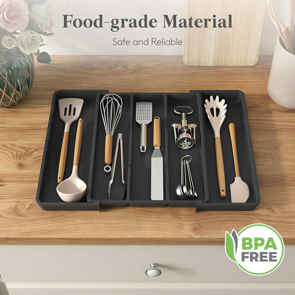 Utensil Organizer for Kitchen Drawers, Expandable Cooking Utensil Tray, Adjustable Cutlery Silverware Flatware Holder, Plastic Spatula Tools Storage Divider, 13-22 x 15", Black