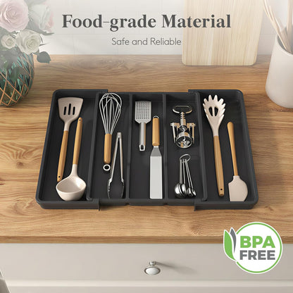 Utensil Organizer for Kitchen Drawers, Expandable Cooking Utensil Tray, Adjustable Cutlery Silverware Flatware Holder, Plastic Spatula Tools Storage Divider, 13-22 x 15", Black