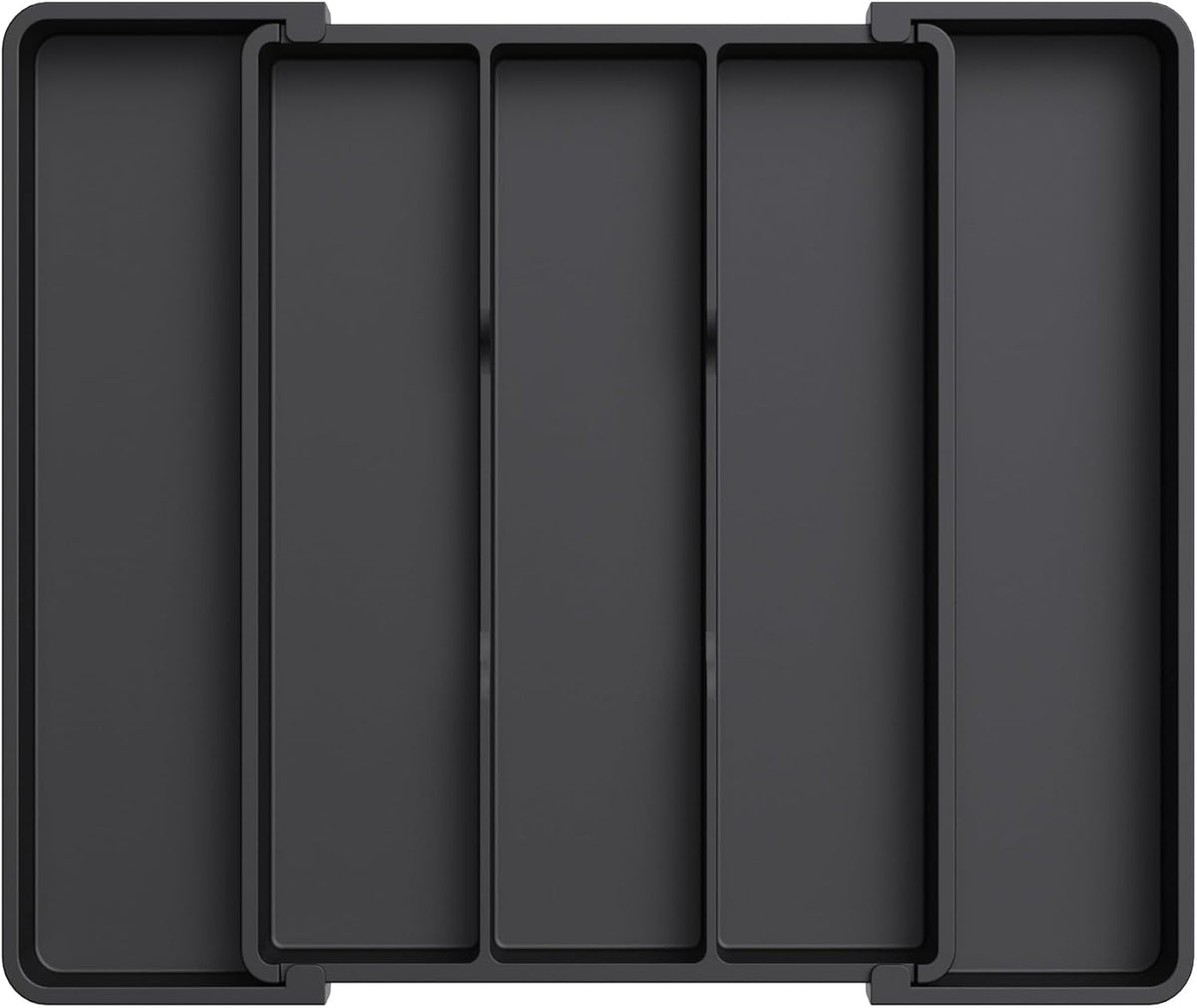 Utensil Organizer for Kitchen Drawers, Expandable Cooking Utensil Tray, Adjustable Cutlery Silverware Flatware Holder, Plastic Spatula Tools Storage Divider, 13-22 x 15", Black