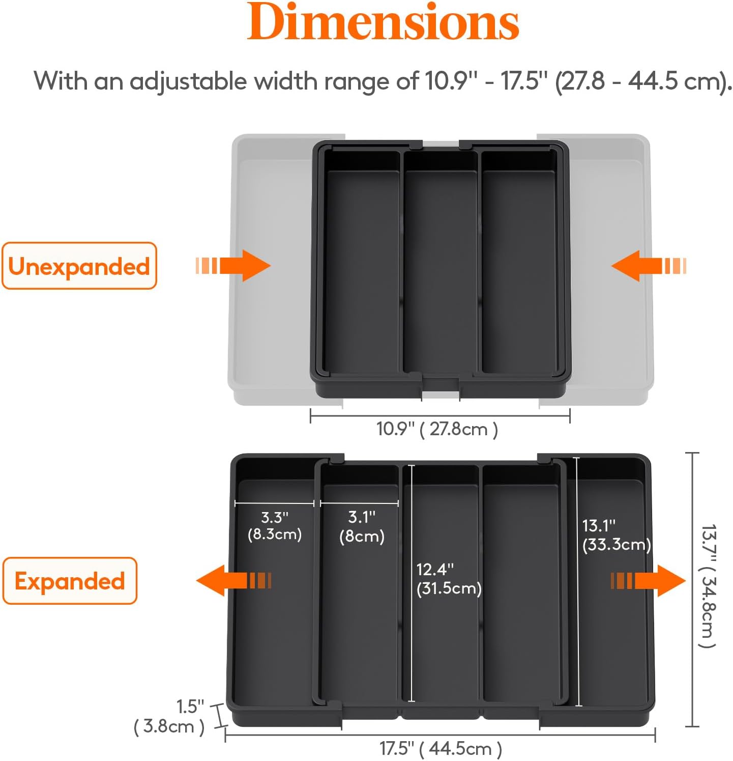 Utensil Organizer for Kitchen Drawers, Expandable Cooking Utensil Tray, Adjustable Cutlery Silverware Flatware Holder, Plastic Spatula Tools Storage Divider, 13-22 x 15", Black