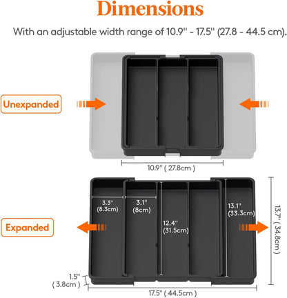 Utensil Organizer for Kitchen Drawers, Expandable Cooking Utensil Tray, Adjustable Cutlery Silverware Flatware Holder, Plastic Spatula Tools Storage Divider, 13-22 x 15", Black